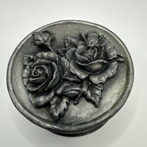 Vtg Bee on Roses Metzke Metal Pewter Round Trinket Stash Box 2"